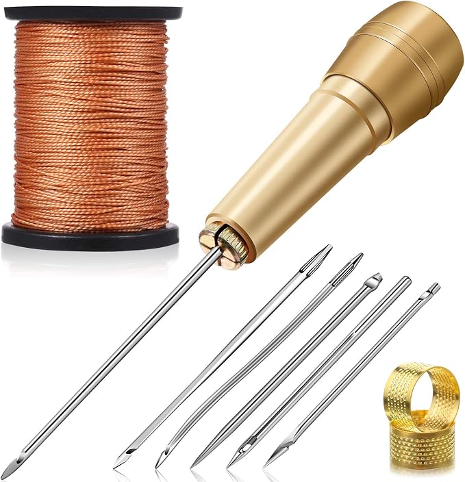 WILLBOND 6 Pieces Leather Sewing Awl Needle with Copper Handle, Upholstery Repair Kit 50 M Nylon Cord Thread and 2 Pieces Thimble for Handmade Leather Sewing Tools Shoes and Repair