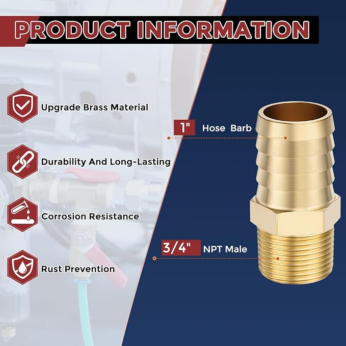 Pack of 6 Brass Hose Barb Fittings Adapter Connector 1" Hose Barb to 3/4" NPT Male Fittings for Home Machines, Massage Bathtubs, and Irrigation Systems