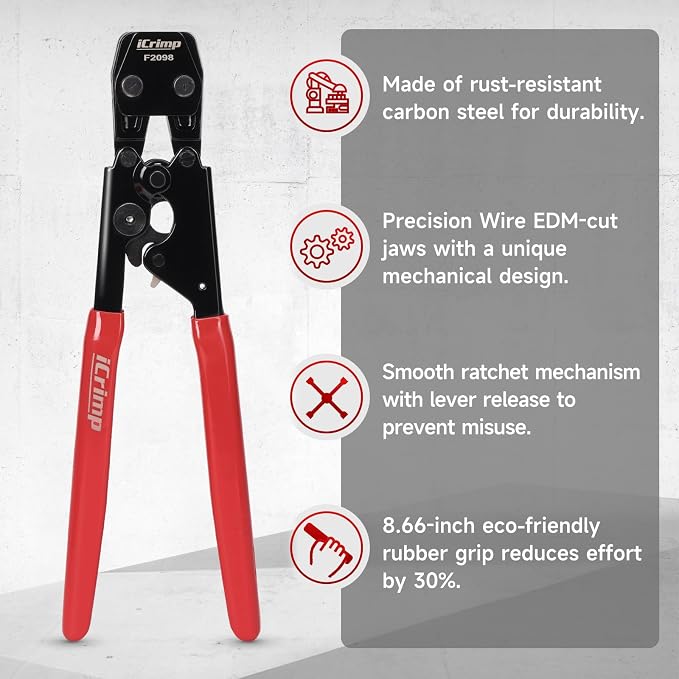 iCrimp Ratchet Clamp Cinch Tool for Stainless Steel Clamps from 3/8-inch to 1-inch for ASTM F2098 PEX Clamps and Car&Truck Hose Clamp