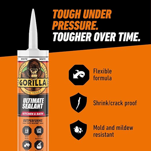 Gorilla Ultimate Sealant Kitchen & Bath Caulk, Paintable & Waterproof, 9 oz Cartridge, White