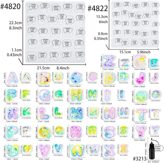 Alphabet Resin Shaker Molds Kawaii Keychain Charm Large and Small Set Pack of 107 Silicone Trays Seal Films Precision Tip Applicator Bottle Kit Bundle