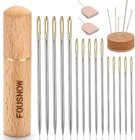 FOUSNOW 19 Pcs Hand Sewing Needles Kit, Assorted Sewing Needles with Wooden Sewing Needles Cushion, Needle Threaders for Hand Sewing, 3 Sizes Hand Stitching Needles for Sewing Repairing Craft