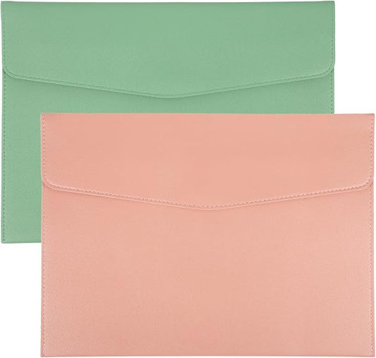 PATIKIL 2Pcs PU Leather A4 File Folder, Document Holder Envelope Waterproof Napa Texture Filing Organizer Portfolio Folder Case with Magnetic Snap Closure for Home Office, Green, Pink