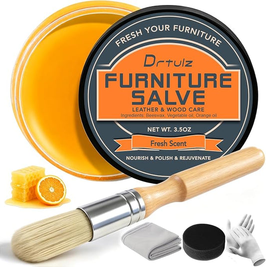 Furniture Salve with Beeswax & Orange Oil for Leather, Wood, Vinyl – 3-in-1 Polisher, Conditioner & Restorer for Couches, Tables, Chairs – Repair Kit with Brush & Cloth – Natural Leather Care, 3.5 oz