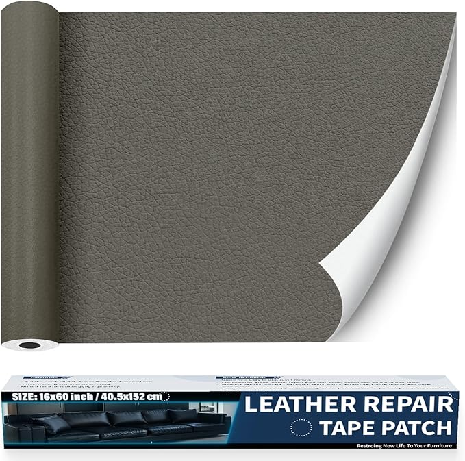 Zenyao Leather Repair Patch Tape - Self Adhesive Leather Repair Kit for Car Seat Furniture, Heavy Duty Vinyl Repair Patch for Couch Sofa, Waterproof Fix for Tears, 16x30 Inch Roll, Light Grey