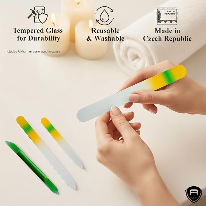 Alban Czech Glass Nail File Set with Manicure Stick & Vegan Leather Cosmetic Case (Yellow-Green Nail Files, Green Manicure Stick & Cream Cosmetic Case)