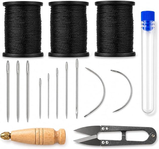 16Pcs Upholstery Repair Sewing Kit, Heavy Duty Leather Sewing Kit with Sewing Awl, Hand Needles, Curved Needles, Scissors and Nylon Thread for Leather Shoes, Sofa, Furniture, Canvas Repair (Black)