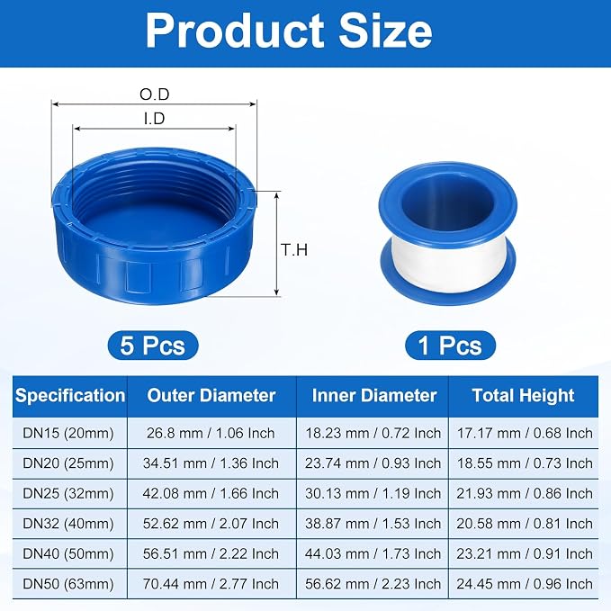 uxcell 5Pcs 2 Inch PT Female Thread PVC Pipe Fitting Cap, Cleanout Water Drain End Caps, Pipe Plug Socket Fittings with Tape for Water Heater Supply Lines, Plumbing, Blue