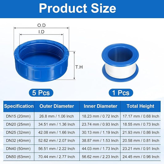 uxcell 5Pcs 2 Inch PT Female Thread PVC Pipe Fitting Cap, Cleanout Water Drain End Caps, Pipe Plug Socket Fittings with Tape for Water Heater Supply Lines, Plumbing, Blue