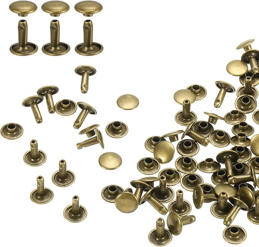 HARFINGTON 100 Sets Double Cap Leather Rivets, 9x10mm Round Cap Tubular Metal Studs Leather Crafting Rivets for Fabric Belt Pet Collar Boot Bag Repair and Decoration, Bronze