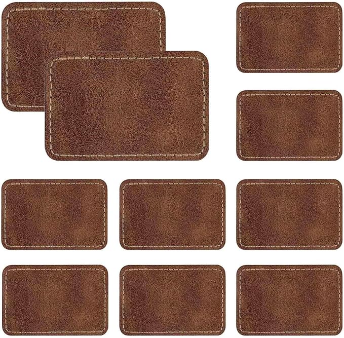 10 Pcs Blank Leatherette Hat Patches with Adhesive Rectangle Leather Iron On Patch for Laser Engraving Faux Leather Patches for Hats 3 x 2 Inches Custom Fabric Repair Sew Laser Supplies (Brown)