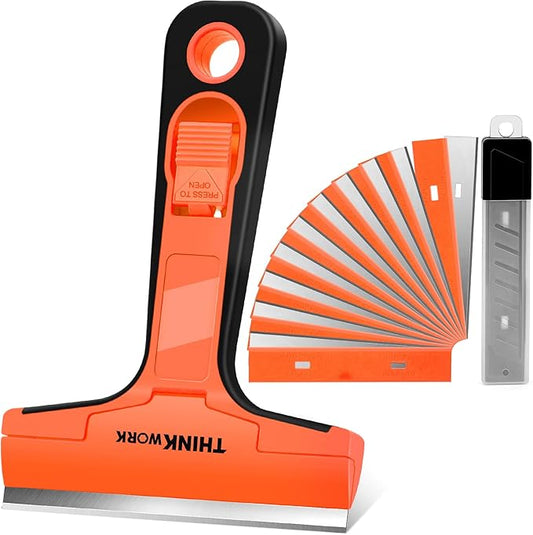 Razor Blade Scraper, 4" Razor Scraper with 20Pcs Metal & Plastic Razor Blades, Multi-Purpose Glass Window Scraper Tool for Cleaning Decals, Tint, Stickers, Labels, Caulk from Window, Oven, Stove Top