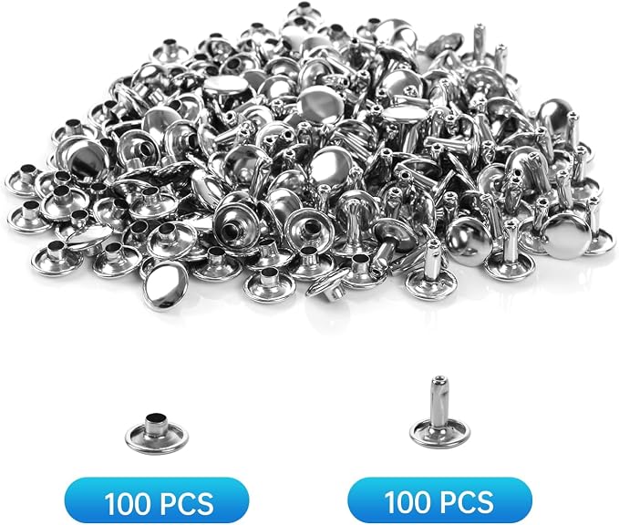 100 Sets Leather Rivets 9x8mm Double Cap Rivets Snaps Metal Studs Fasteners with 3pcs Setting Tools for Leather Craft DIY Repair Decoration, Silver Tone