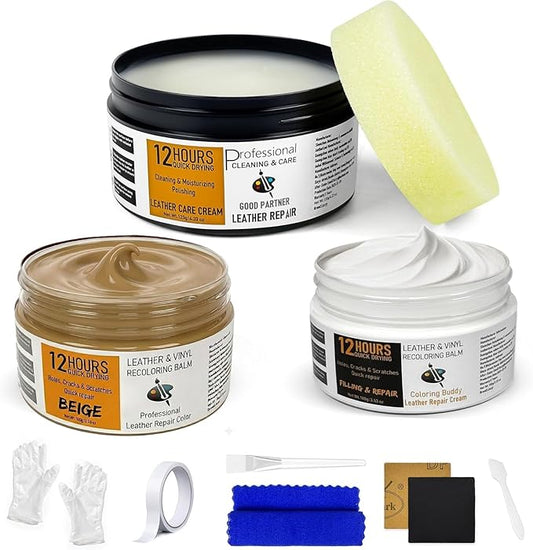 12H Quick-Dry Leather Repair Kit with 3.53Oz Leather Recoloring Balm, Filler & 4.23Oz Conditioner & Cleaner, 3-in-1 Vinyl Repair Set for Couch, Car Seat, Jacket, Shoes, Faux Leather, Beige