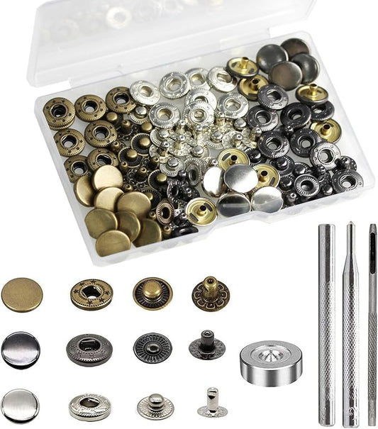 BetterJonny 24 Sets Heavy Duty Leather Snap Fasteners Kit, 12.5mm Metal Snap Buttons Press Studs Leather Rivets Snaps with 4 Setter Tools for Clothes Bracelet Jackets Jeans, 3 Color