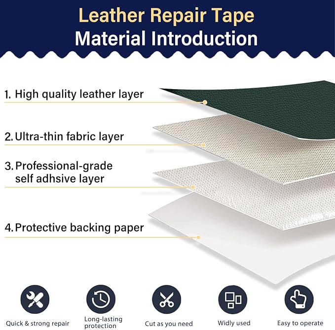 Zenyao Leather Repair Patch Tape - Self Adhesive Leather Repair Kit for Car Seat Furniture, Heavy Duty Vinyl Repair Patch for Couch Sofa, Waterproof Fix for Tears, 12x30 Inch Roll, Dark Green