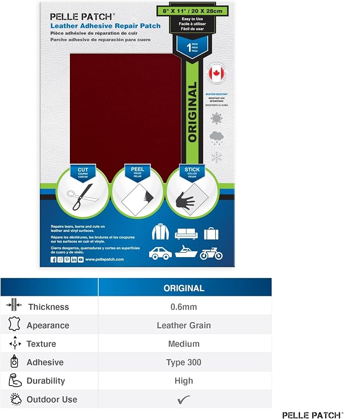 Leather Repair Patch Self Adhesive - 25 Colors Available - Original 8x11 - Red