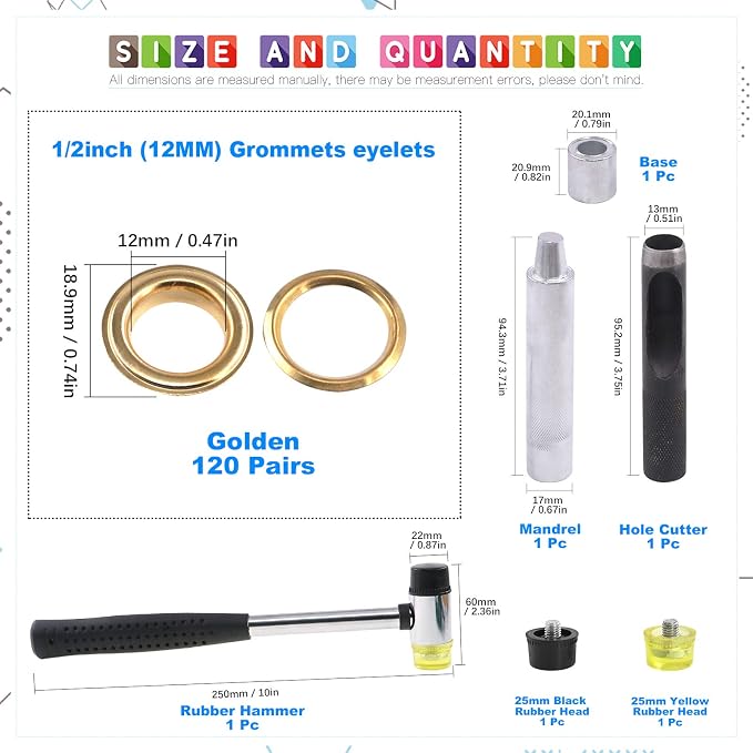 Glarks 124Pcs 1/2 Inch Gold Grommets Eyelets with Tool Sets, 120Pcs Grommets Eyelets with 4Pcs Installation Tools for Fabric, Canvas, Curtain, Clothing, Leather Repair and Decoration