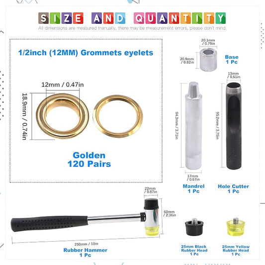 Glarks 124Pcs 1/2 Inch Gold Grommets Eyelets with Tool Sets, 120Pcs Grommets Eyelets with 4Pcs Installation Tools for Fabric, Canvas, Curtain, Clothing, Leather Repair and Decoration