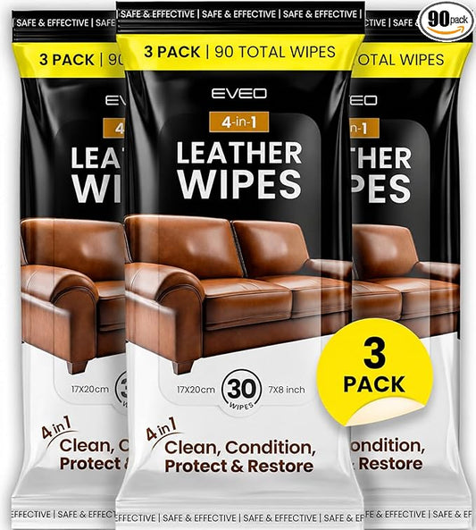 EVEO Leather Cleaner Wipes 4-in-1 Leather Cleaner and Conditioner for Furniture - Leather Couch Cleaner, Car, Shoes & Purses – UV Protection, XL Moistened Wipes Restore & Protect – 3 Pack (90 Total)