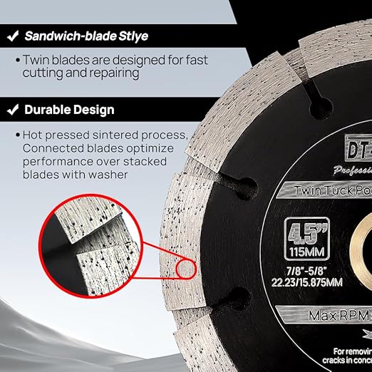 DT-DIATOOL Sandwich Tuck Point Blade - 4-1/2 Inch Mortar Raking Chaser Dual Diamond Blade 7/8"-5/8" Arbor for Mortar Removal,Grout Concrete Asphalt Surfaces Repair,Masonry Brick Stone Cutting 2pcs