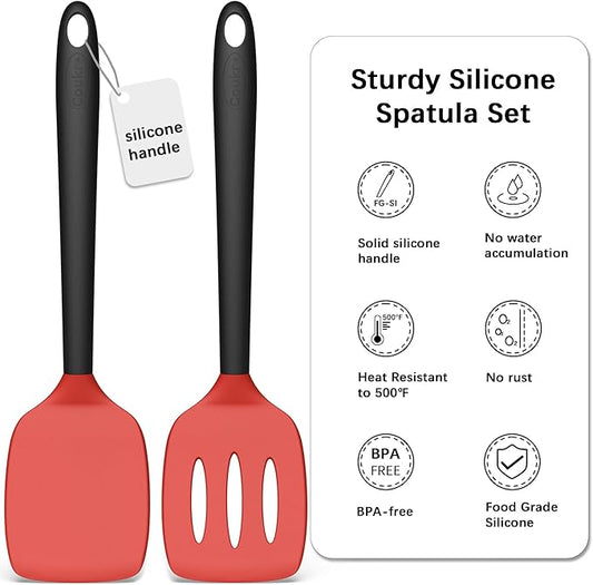 Coukre 2 Pack Silicone Spatula Set, High Heat Resistant, BPA Free Kitchen Spatula, Solid & Slotted Turner for Non-Stick Pans, Sautéing, and Flipping (2, Red)