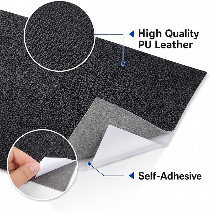 2PCS 8×4 Inch PU Leather Patch for Car Seat Repair, Self-Adhesive Leather Repair Patch Tape for Vinyl Leather Upholstery, Car Seat Furniture Repair Kit (Black)