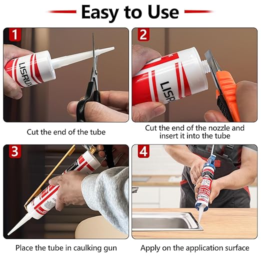 LISRUX Supreme Silicone Caulk for Kitchen & Bathroom, White, 10 fl oz Cartridge, 1 Pack - 100% Waterproof Silicone Sealant, Stronger Adhesion, Shrink & Crack Proof
