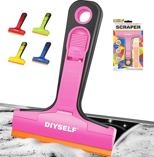 DIYSELF 1 Pack Plastic Razor Blade Scraper with 5 Pcs 4-Inch Plastic Razor Blades, Plastic Scraper Tool for Cleaning, Gasket and Decal Remover for Glass, Stovetop, Labels, Stickers & Paint Removal