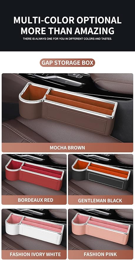SANRILY Brown Universal Car Seat Gap Filler Organizer with USB Hole Fashion PU Leather Multifunctional Car Center Console Organizer with Cup Holder 1 Pack