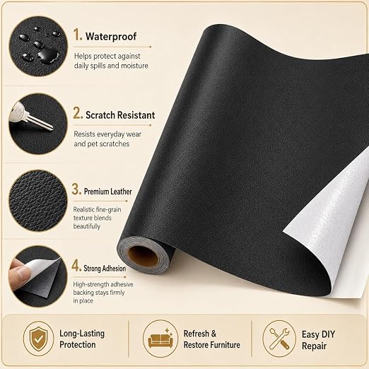 Self Adhesive Leather Repair Patch 24x54 Inch Sofa Car Seat Strong Adhesive | YAWQIRV Strong Self Adhesive Patch, Leather Repair Kit and Vinyl Repair Kit for Sofa, Waterproof, Scratch Fix, Durable, Black