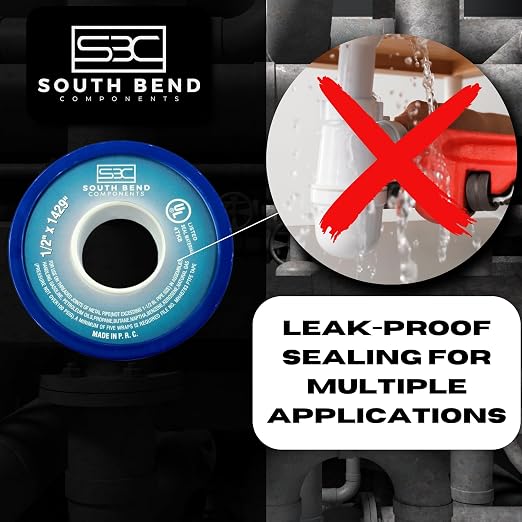 South Bend Components 1/2 Inch x 1429 Inch 70885 PTFE Thread Seal Tape – Teflon Tape for Plumbing, Gas, Water, and Air Systems | Leak-Proof, Durable Thread Tape for Metal and Plastic Pipes (50-Pack)