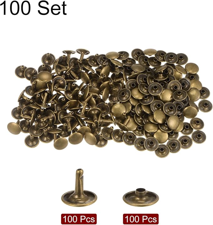HARFINGTON 100 Sets Leather Rivets 12 x 12mm Metal Double Cap Rivet Snaps Studs Fasteners with 3pcs Setting Tools for Leather Craft DIY Repair Decoration, Bronze