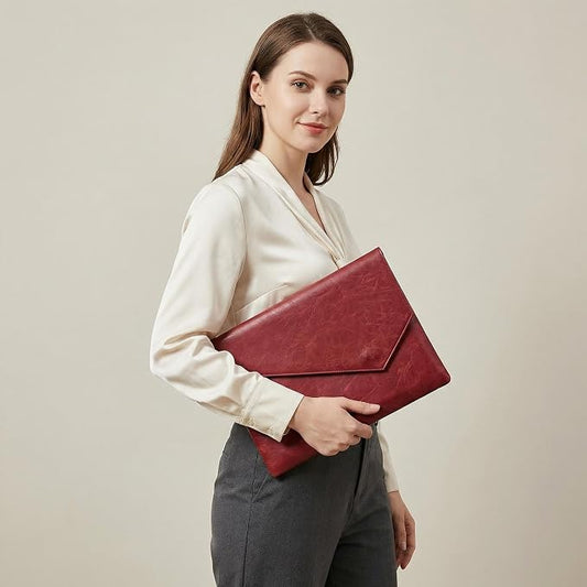 Vintage Leather 13.5" Business Clutch Envelope Bag Documents Certificate Laptop Sleeve Case Office File Folder (Rose red)