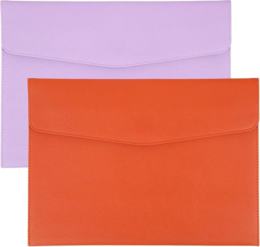 PATIKIL 2Pcs PU Leather A4 File Folder, Document Holder Envelope Waterproof Napa Texture Filing Organizer Portfolio Folder Case with Magnetic Snap Closure for Home Office, Purple, Orange