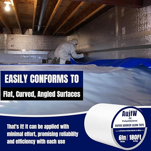 Vapor Barrier Tape, 6" Wide x 180' Long 4Roll, Polyethylene Tape, for Moisture Barriers and Crawl Spaces, Waterproof Seal and Seam Tape for Underlayment, Insulation and Plastic Liners