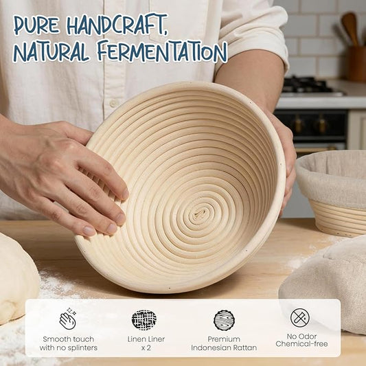 RORECAY Bread Banneton Proofing Basket Set, 9 Inch Round & 10 Inch Oval Cane Sourdough Baskets with Dough Whisk Lame Dough Scraper Bowl Scraper Silicone Brush Sourdough Bread Baking Supplies