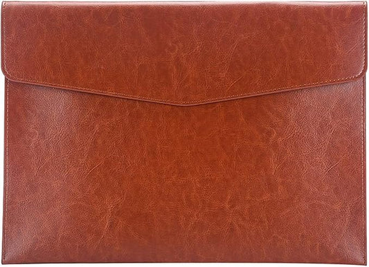 PU Leather A4 File Folder Document Holder Envelope Folder Case with Snap Closure for Receipt Contract Brown