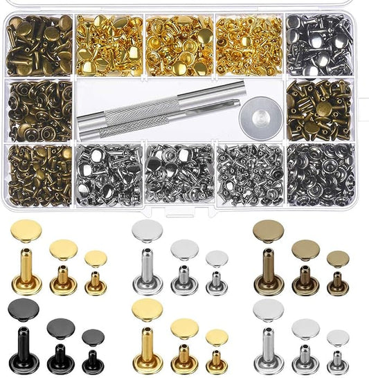Paxcoo 480 Sets 3 Sizes Leather Rivets Double Cap Rivet Tubular Metal Studs with 3 Pieces Setting Tool Kit for Leather Craft Repairs Decoration, 4 Colors
