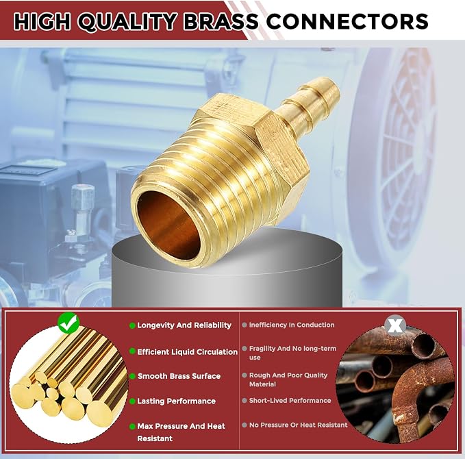 Pack of 1 Brass Hose Barb Fittings Adapter Connector 1/8" Hose Barb to 1/4" NPT Male Fittings for Home Machines, Massage Bathtubs, and Irrigation Systems