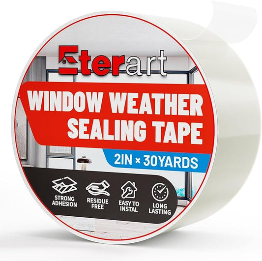 ETERART Transparent Weatherproof Seal Tape 2" x30Yds - Heavy Duty Waterproof Adhesive for Winter Drafts & Rain Leaks, No-Residue Weather Stripping for RVs, Windows, Doors & Renters