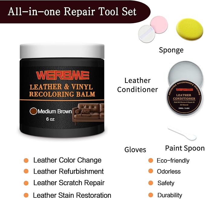 Leather Recoloring Balm & Mink Oil Leather Conditioner, Medium Brown | Restores faded leather, waterproof, scratch repair for couches, car seats, shoes & bags, complete kit with mink oil & tools