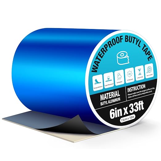 Blue Waterproof Butyl Tape, 6 in x 33ft - W x L, Self Adhesive Butyl Rubber Sealant Tape for RV Repair, Metal Roof Sealing, Pool Cover, Awning, Pool Liner, Window Patching & Boat Leaking