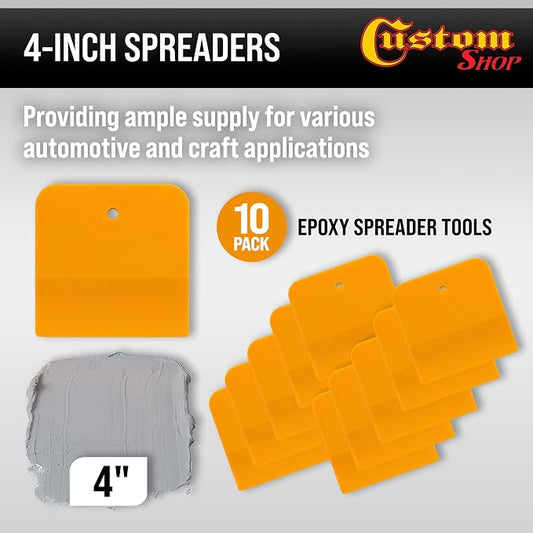 Custom Shop 4 Inch Plastic Body Filler Spreader Tools for Automotive Body Fillers (10 Pack), Putties, Glazes, Epoxy Resin, Caulk, Glues - Plastic Spreader Tool