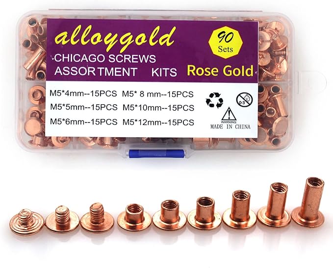 90 Sets Rose Gold Chicago Screws Leather Assorted Kit ，6 Sizes of Screw Rivets for Leather Rivet for DIY Leather Craft and Bookbinding (M5 X 4, 5, 6, 8, 10, 12)