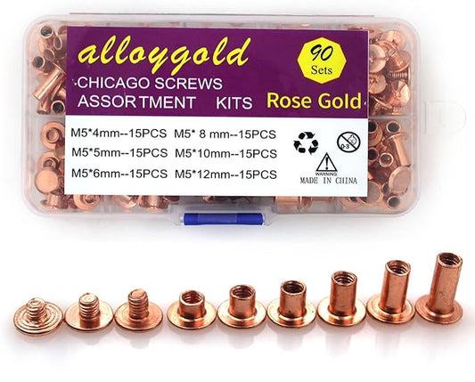 90 Sets Rose Gold Chicago Screws Leather Assorted Kit ，6 Sizes of Screw Rivets for Leather Rivet for DIY Leather Craft and Bookbinding (M5 X 4, 5, 6, 8, 10, 12)