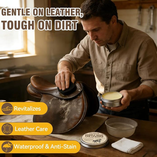 Leather Care for Leather Boots, All-Natural Leather Cleaner and Conditioner | Cleans, Restores, Softens and Protects Boots, Shoes, Bags, Jackets & Furniture, 4.23 Oz Saddle Soap with Sponge