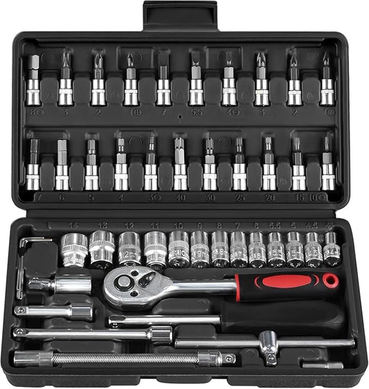 46PCS Socket Ratchet Wrench Set, 1/4 Inch Drive Small Tool Set with Screwdriver Bit Sockets Extension Bar and Storage Case, Metric Socket Set for Car Repair and Home Use, Black