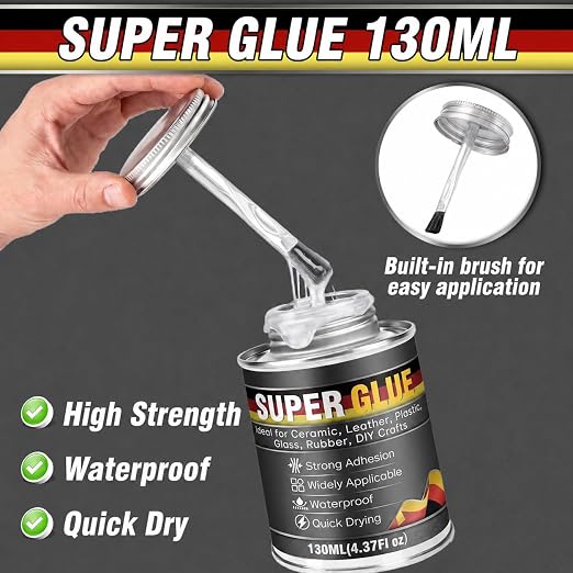 Super Glue, Super Glue All Purpose with Built-in Brush Applicator,130ml Quick Dry Waterproof Adhesive, Superglue for Shoes, Wood, Leather, Rubber, Plastic, Metal (130, Milliliters)