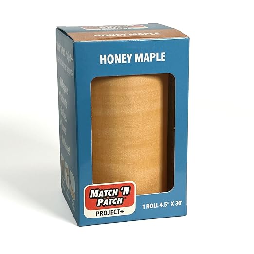 MATCH 'N PATCH Project+ Wood Grain Repair Tape - Honey Maple, 4.5 in x 30 ft (1-Pack) – Wood Grain Colored Duct Tape for Mirror Frame, Trim, Borders, Floor and Other Furniture, Scratch Repair Kit